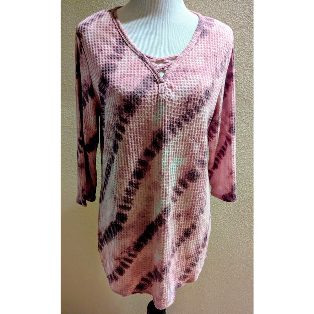 Boho Tie Dye Waffle Knit Lace Up Tunic Top Pink Mauve Long Sleeve Casual Festiva